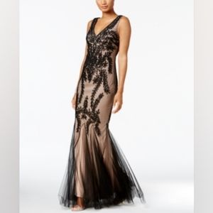 Betsy & Adam Soutache Mermaid Gown - Black/Nude